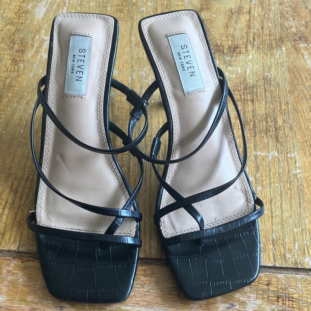 Steven Black Strappy Croc-Embossed Heels